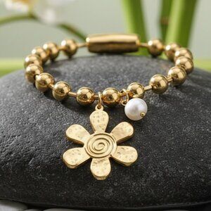 Chunky 24K Gold Plated Stainless Steel Bracelet Flower Charm Genuine Pearl